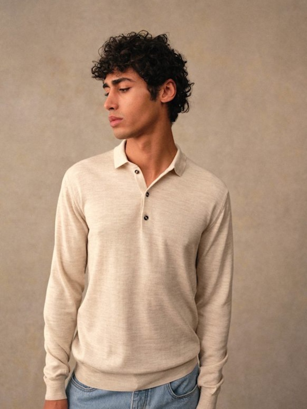 Octobre Men's Long-Sleeve Polo Shirt in Light Beige
